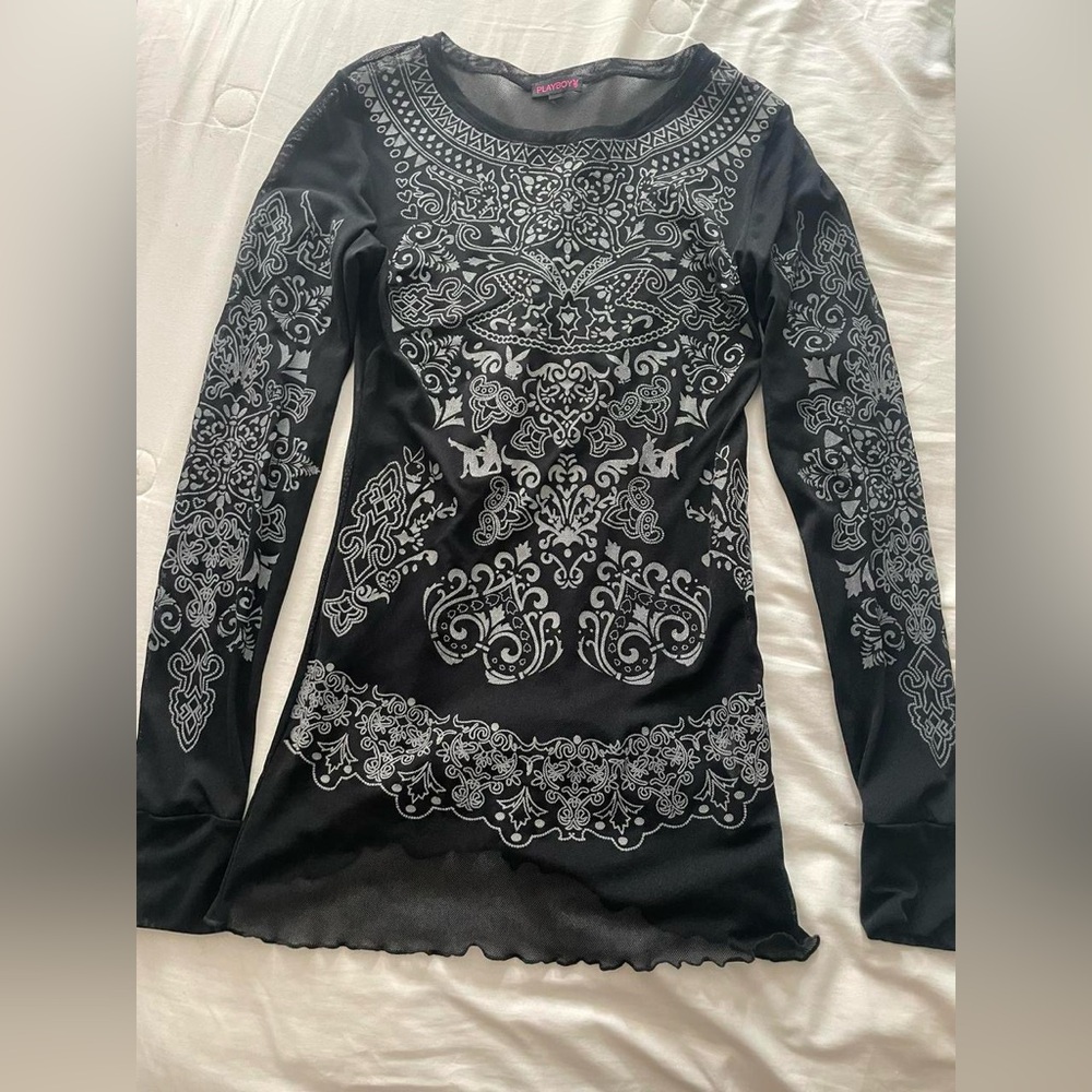 PLAYBOY Black and Gray Long Sleeve Top